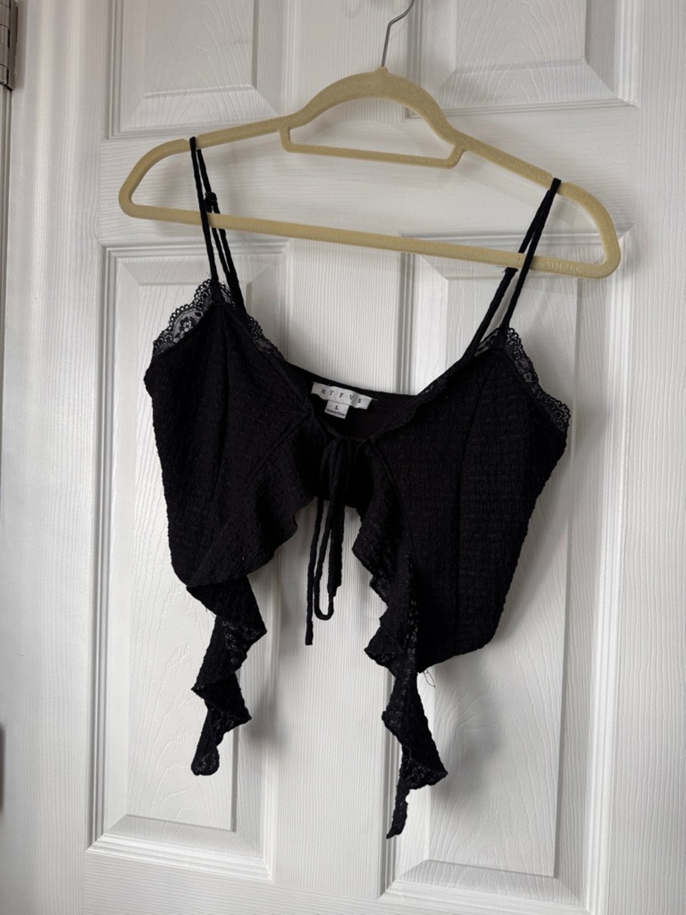 HYFVE Black Ruffle Lace Tie-Front Crop Top